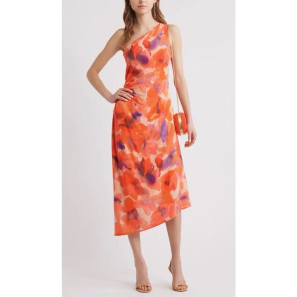 Chelsea28 Midi Dress L Large Purple Orange Pink Floral Linen One Shoulder - Picture 3 of 13